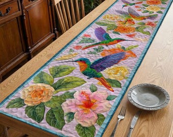 Bloemen kolibrie tafelloper, vintage bloem tafeldecor, loper botanisch dineren, lentetuin keukendecor, kolibrie bloemendecor