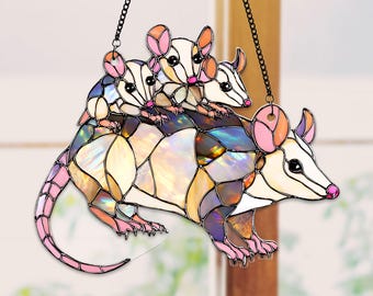 Opossum moeder en kinderen acryl raam hangend, opossum dier suncatcher, cadeau voor moeder, moeder tuin opossum decor, familie raam hangen