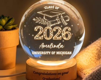 Lampa kryształowa z imieniem i nazwiskiem z rocznika 2026, lampka nocna LED z okazji ukończenia studiów, prezent dla absolwenta, pamiątka z ukończenia studiów, dekoracja z okazji ukończenia studiów w 2026 roku