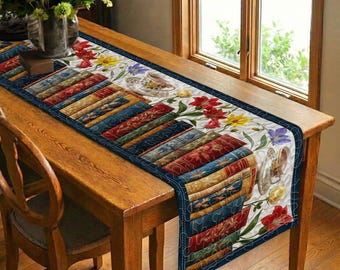 Bieżnik na stół z motywem antycznych książek, kwiatowy wystrój do czytania, prezent dla miłośnika bibliotek, bieżnik na stos książek w stylu vintage, wystrój jadalni w stylu rustykalnym, wystrój książek