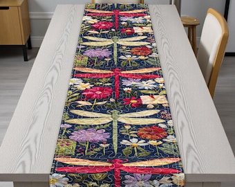 Tafelloper libel, kleurrijk bloementuindecor, Cottagecore tafelloper, lente eettafel decor, libelle bloemen huisdecor