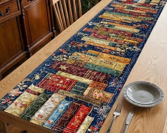 Boekenliefhebber tafelloper, vintage bibliotheektafeldecor, boekenplankliefhebber tafelloper, leeshoek keukendecor, literair cadeau-idee, bloemenboek