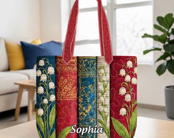 Torba z motywem konwalii, torba z motywem kwiatowym w stylu vintage, torba na prezent dla czytelnika, estetyczna torba biblioteczna, prezent dla miłośniczki książek dla niej