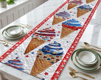 Fourth of July ijs tafelloper, patriottische dessert tafeldecor, zomer keuken loper, rood wit blauw decor, ijs USA tafeldecor