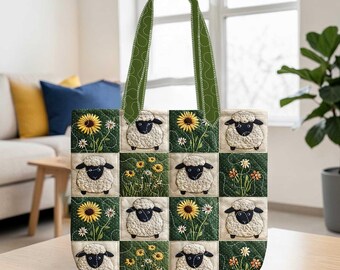 Torba z motywem owcy, torba z motywem kwiatu owcy, torba płócienna ze słonecznikiem, urocza rustykalna torba, prezent dla miłośnika zwierząt, torba z motywem owcy