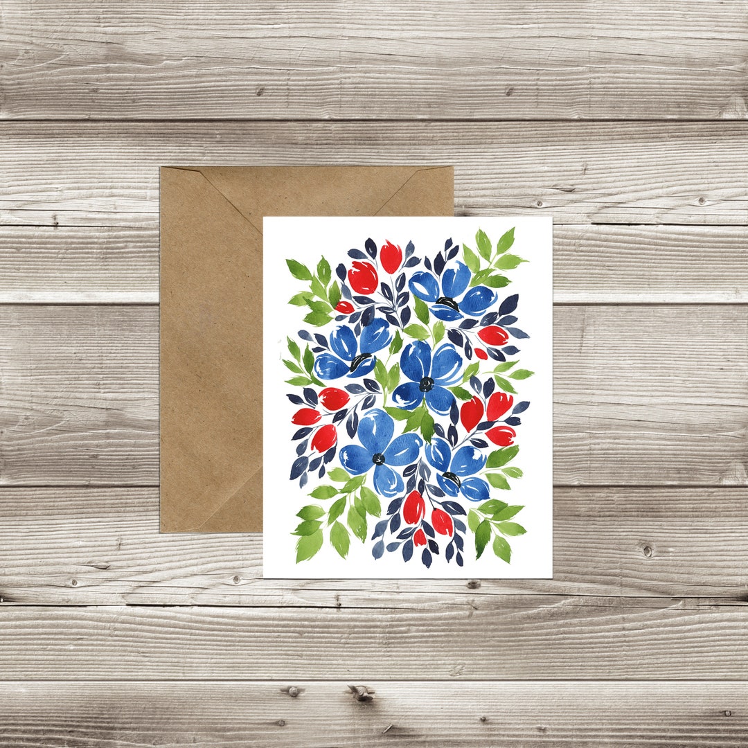 Watercolor Print Note Card Red and Blue Blank Interior Etsy