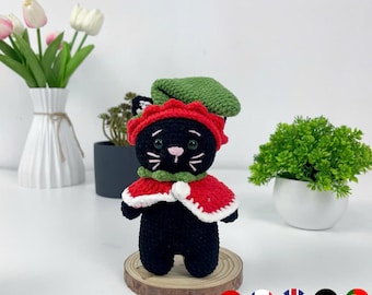 Patron de Noël elfe au crochet, chat amigurumi mignon, décoration de Noël au crochet, motif au crochet facile, motif en 5 langues PDF