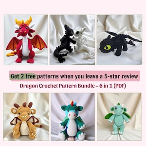 May include: A collection of six crochet dragon patterns. The dragons are in various colors, including red, black, white, tan, blue, and green. The image includes the text: "Get 2 free patterns when you leave a 5-star review Dragon Crochet Pattern Bundle - 6 in 1 (PDF)".