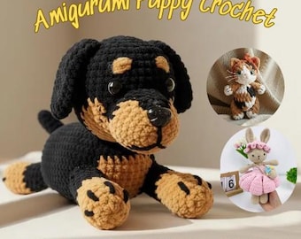 Padrão de crochê de cachorro Rottweiler – Padrão em PDF de filhote de amigurumi, tutorial de brinquedo de pelúcia fofo de cachorro para fazer você mesmo | Compre 1 e leve 2 grátis após avaliação de 5 estrelas