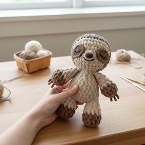 Könnte beinhalten: Handgefertigte Häkeltier-Faultierpuppe in Beige- und Brauntönen. Das Faultier hat geschlossene Augen und ein kleines Lächeln. Die Puppe ist etwa 20 cm groß. Das Faultier hat detaillierte Pfoten.