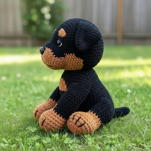 Puede incluir: Un juguete de perro tejido a mano en posici&oacute;n sentada. El peluche es negro con marcas marrones en el hocico, las patas y el pecho. El perro tiene una nariz negra y ojos peque&ntilde;os y redondos. El juguete est&aacute; sentado sobre hierba verde.