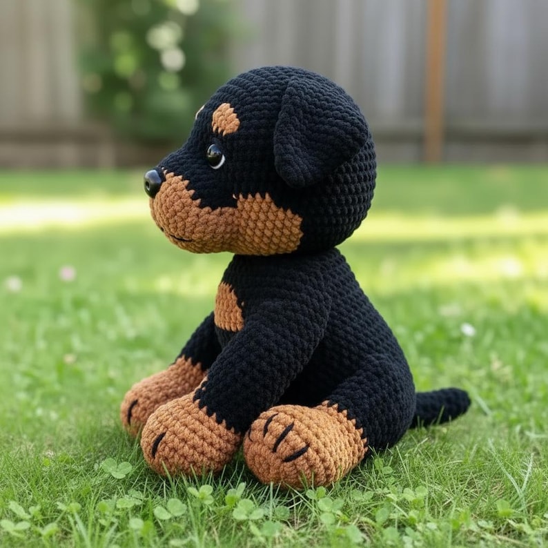 Puede incluir: Un juguete de perro tejido a mano en posici&oacute;n sentada. El peluche es negro con marcas marrones en el hocico, las patas y el pecho. El perro tiene una nariz negra y ojos peque&ntilde;os y redondos. El juguete est&aacute; sentado sobre hierba verde.