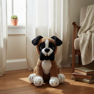 May include: A handmade crochet boxer dog plushie. The dog has a brown body, black ears, and a white muzzle and paws. It is sitting on a wooden floor in front of a window with sheer curtains. A small potted plant is on the windowsill.
