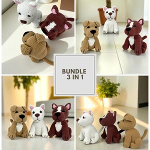 May include: A collection of handmade crochet dog figurines in various colors, including white, brown, and burgundy. The dogs have distinct features and are arranged in a bundle. The text "BUNDLE 3 IN 1" is displayed in a white box.