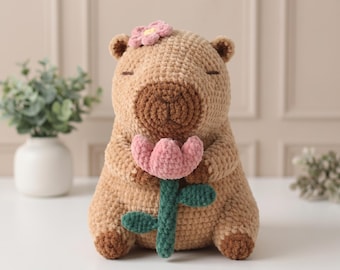 Crochet Capybara Pattern PDF, Cute Capybara with Tulip Amigurumi Tutorial, Kawaii Plush Gift