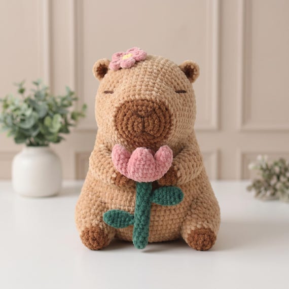 Crochet Capybara Pattern PDF, Cute Capybara with Tulip Amigurumi Tutorial, Kawaii Plush Gift