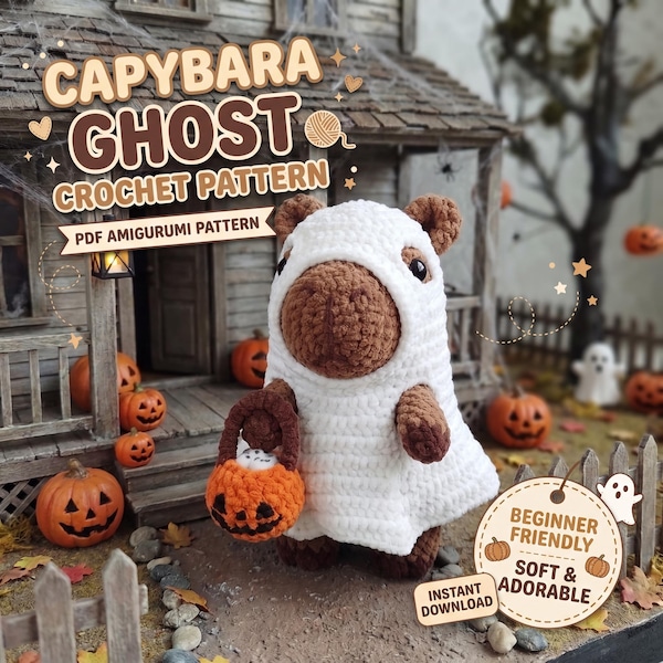Halloween capibara haakpatroon (PDF), amigurumi tutorial voor een spookpak, schattig pompoenknuffelcadeau