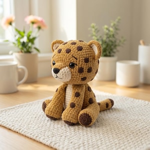 May include: A handmade crochet cheetah plush toy. The plush has a tan body with brown spots, a white muzzle, and dark eyes. The cheetah is sitting on a cream-coloured textured surface. The toy is a cute and cuddly animal.