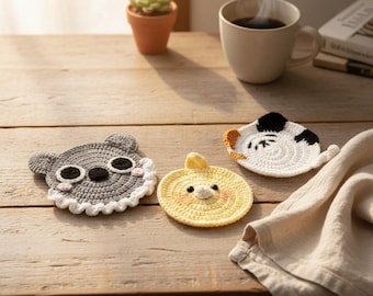 Animal Crochet Coaster Pattern PDF – Koala, Cat & Chick Coaster Set, Cute Crochet Mug Rug Pattern PDF, Easy Beginner Pattern