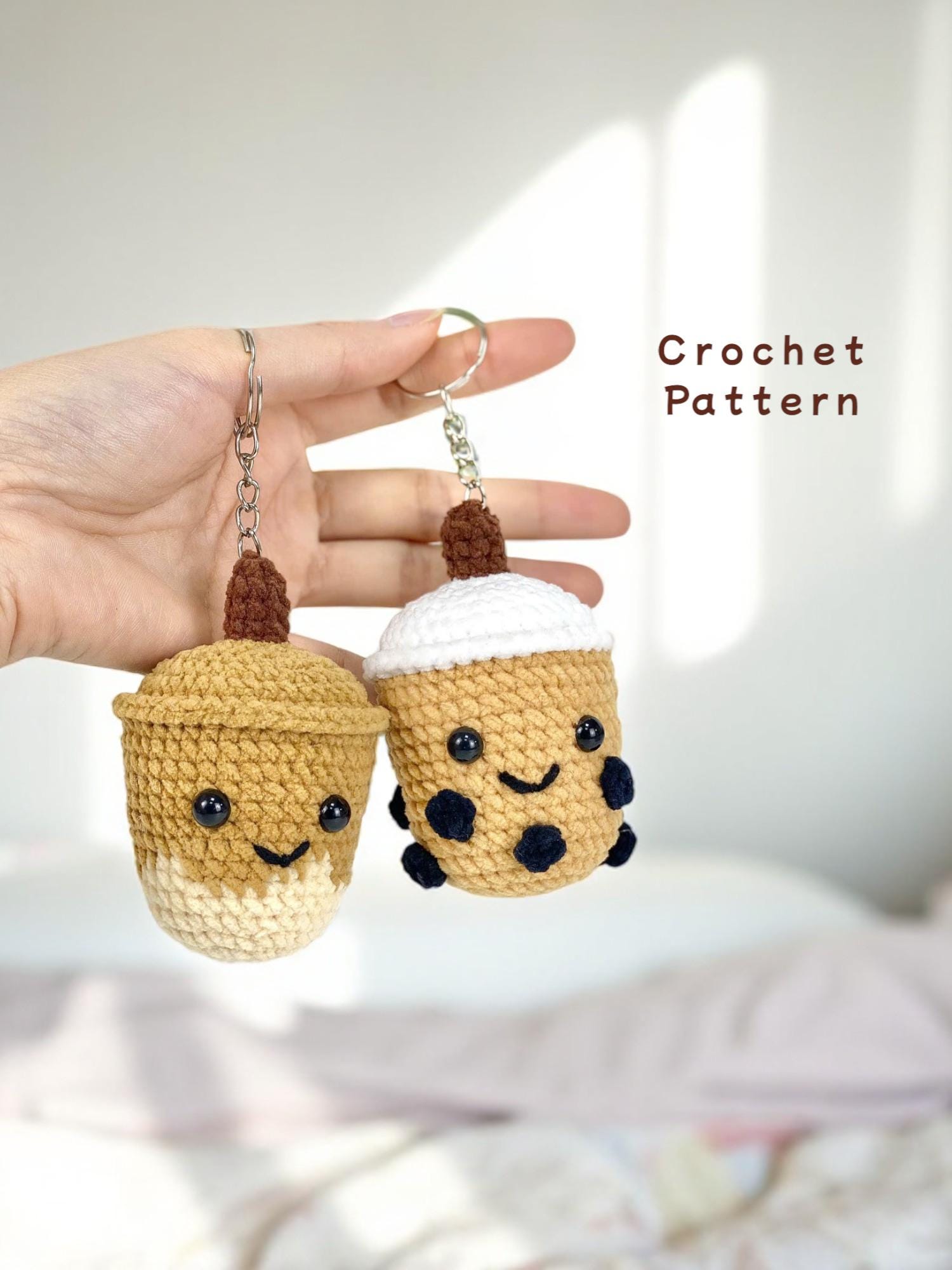 No-Sew Drink Crochet Pattern Set, Iced Coffee & Brown Sugar Boba Amigurumi PDF, Easy Plush Keychain Pattern, No Sewing Required!