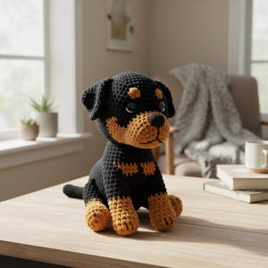 Puede incluir: Un juguete de perro Rottweiler tejido a mano. El peluche presenta un cuerpo negro con marcas marrones en el hocico, las patas y encima de los ojos. El perro est&aacute; sentado en una mesa de madera. El juguete tiene una nariz negra y ojos peque&ntilde;os y redondos.