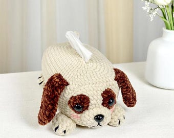 Brown Dog Tissue Box Crochet Pattern with Eyes, Amigurumi Dog Tissue Holder, Cute Crochet Tissue Box Cover, PDF Pattern Download