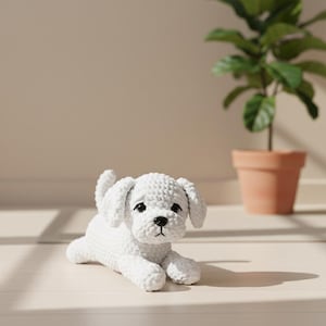 Hund Häkelanleitung PDF, Malteser Hund, liegender Welpe Amigurumi Plüschtier, süßes Häkelmuster für fortgeschrittene Anfänger