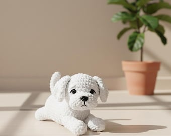 Dog Crochet Pattern PDF, Maltese Dog, Lying Puppy Amigurumi Plush Toy, Cute Dog Crochet Pattern for Advanced Beginners