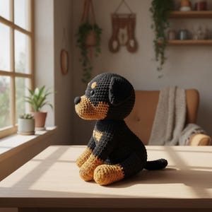 Puede incluir: Un peluche de perro Rottweiler tejido a ganchillo en negro y marr&oacute;n. El perro de juguete tiene una nariz negra y una cola peque&ntilde;a. Est&aacute; sentado en una mesa de madera cerca de una ventana, con plantas en el fondo.