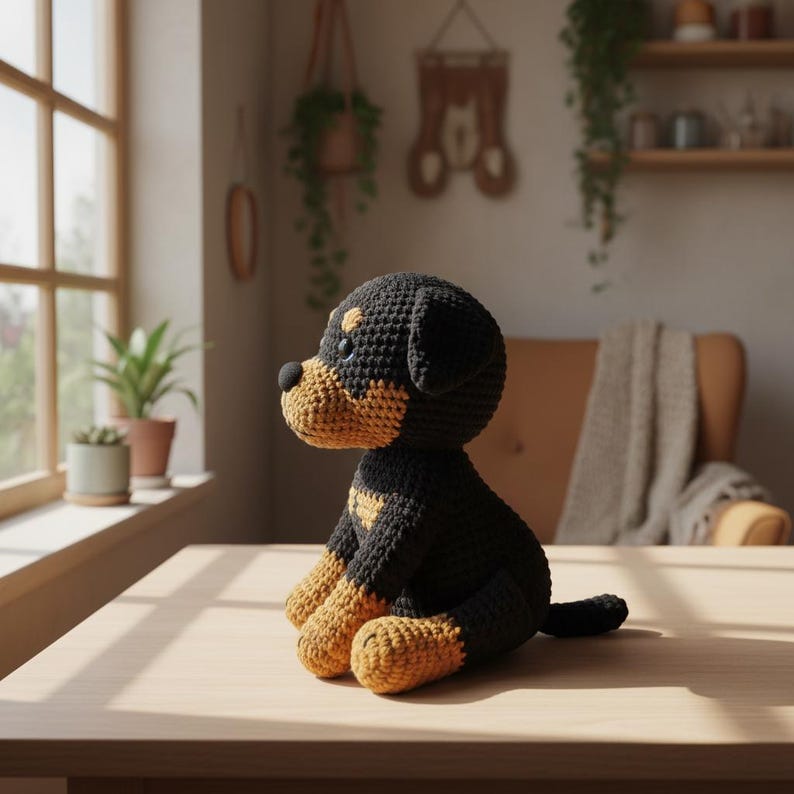 Puede incluir: Un peluche de perro Rottweiler tejido a ganchillo en negro y marr&oacute;n. El perro de juguete tiene una nariz negra y una cola peque&ntilde;a. Est&aacute; sentado en una mesa de madera cerca de una ventana, con plantas en el fondo.