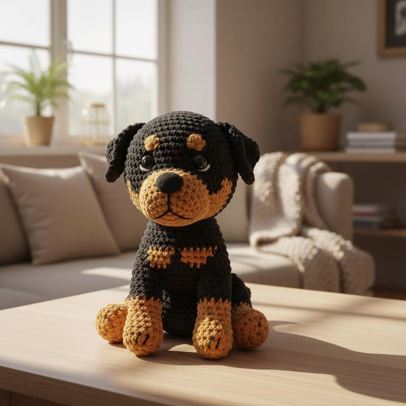 Puede incluir: Un perro Rottweiler de ganchillo hecho a mano. El peluche presenta una combinaci&oacute;n de colores negro y marr&oacute;n, con un cuerpo y cabeza negros, y detalles marrones en el hocico, las patas y encima de los ojos. El perro est&aacute; sentado en una mesa de madera.