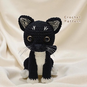 Puede incluir: Un gato de ganchillo negro y blanco hecho a mano, con ojos grandes y expresivos y bigotes. El gato está sentado, con detalles blancos en las patas y el pecho. El texto "Crochet Pattern" es visible en el fondo.