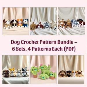 Op de afbeelding: Een digitaal PDF-pakket getiteld Dog Crochet Pattern Bundle – 6 Sets, 4 Patterns Each (PDF) met diverse gehaakte hondenfiguren in verschillende kleuren en rassen, inclusief groene, cactusvormige hondenontwerpen.