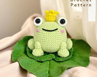 Frog Prince Crochet Pattern PDF, Amigurumi Royal Frog On Lily Pad, Cute Frog Plush Toy Tutorial For Beginners