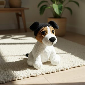 Op de afbeelding: Een handgemaakt gehaakt hondenspeeltje. De hond heeft een witte body, zwarte oren en een bruin en bruin gezicht. De neus van de hond is zwart en hij heeft zwarte ogen. Het speelgoed zit op een crèmekleurig tapijt.