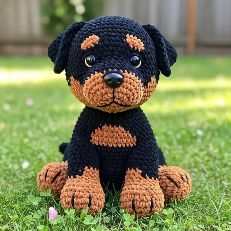 Puede incluir: Un cachorro de Rottweiler tejido a ganchillo en negro y marr&oacute;n. El peluche tiene una nariz negra y ojos grandes. El cachorro est&aacute; sentado sobre hierba verde. Las patas y la cara son marrones, y el cuerpo es negro.