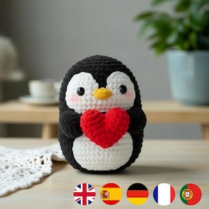Valentine Pinguin Häkelanleitung PDF, einfache Häkelanleitung für Anfänger häkeln, Herz Plüschtier Amigurumi, 5 Sprachen Anleitung