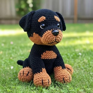 Könnte beinhalten: Handgefertigtes Rottweiler-Hundeplüschtier aus Häkelarbeit. Der Hund ist schwarz und braun, mit einer schwarzen Nase und großen, runden Augen. Er sitzt auf grünem Gras.