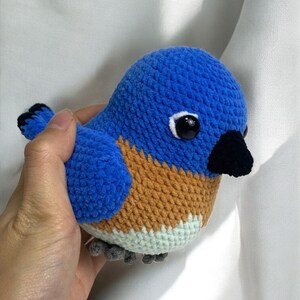 Puede incluir: Un juguete de peluche de p&aacute;jaro azul tejido a crochet con detalles marrones y blancos. El p&aacute;jaro tiene ojos negros y un pico negro.