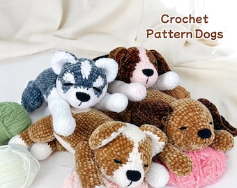 May include: A collection of handmade crochet dog plushies in various colors, including brown, white, and gray. The dogs are lying down on balls of yarn. The text "Crochet Pattern Dogs" is visible in the image.