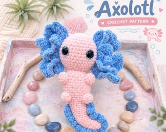 Axolotl Crochet Pattern, Pastel Coral Amigurumi Plush, Blue Gill PDF Toy Tutorial