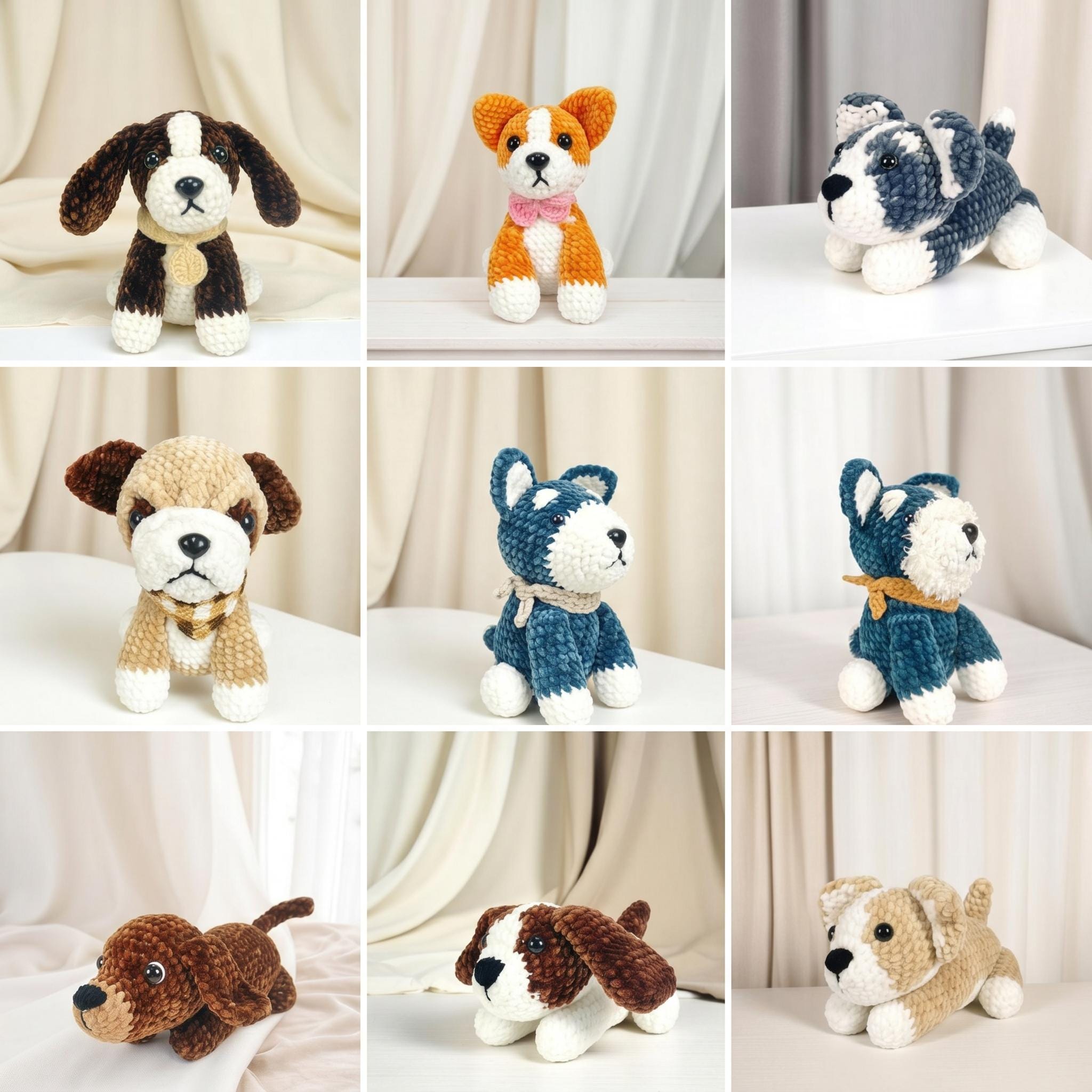 犬の編みぐるみパターンセット：あみぐるみ子犬ぬいぐるみセット（PDF