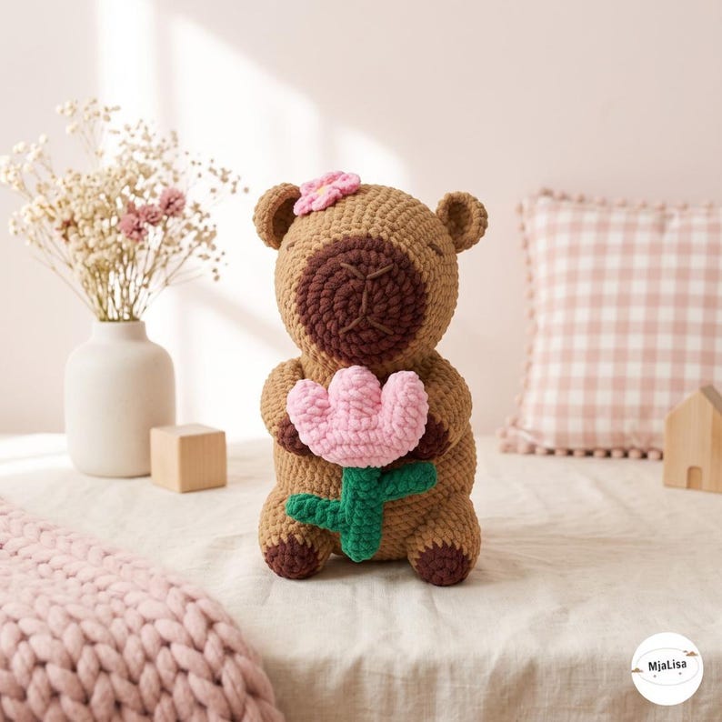 May include: A brown crocheted capybara plush toy featuring a dark brown snout, a small pink flower on its head, and holding a light pink crocheted flower with a green stem. The toy has closed eyes and a stitched mouth, with dark brown feet and ears.