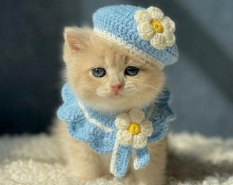 Cat Outfit Crochet Pattern PDF, Baby Blue Kitty Beret and Flower Collar Tutorial, Pet DIY Gift