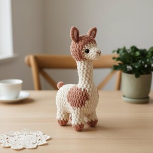 Puede incluir: Un llama de ganchillo hecho a mano en crema y marrón. El llama tiene un cuello largo, orejas pequeñas y un patrón en forma de corazón en su costado. Está sobre una mesa de madera de color claro. Es un objeto decorativo.