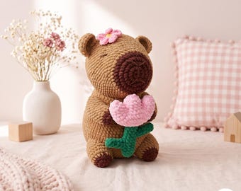 Crochet Capybara Pattern PDF, Cute Capybara with Tulip Amigurumi Tutorial, Kawaii Plush Gift