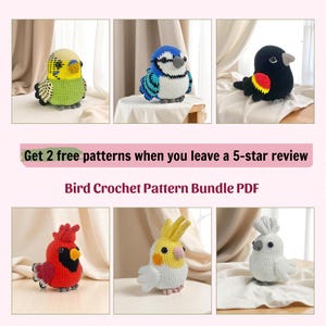 以下が含まれることがあります： 緑、青、赤、黄色、白など、さまざまな色の6つの編み鳥のパターン。テキスト「Get 2 free patterns when you leave a 5-star review」と「Bird Crochet Pattern Bundle PDF」も表示されています。