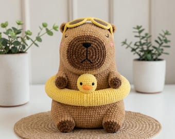 Crochet Capybara Pattern PDF, Summer Capybara Amigurumi Tutorial with Duck Float, Cute Plush Gift