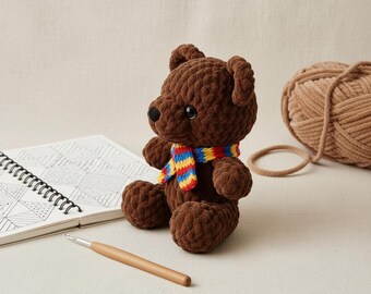 Crochet Teddy Bear Pattern, Amigurumi Bear PDF Tutorial, Rainbow Scarf Plushie, DIY Crochet Gift