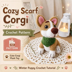Könnte beinhalten: Eine Häkelanleitung als PDF mit dem Titel Cozy Scarf Corgi, die einen Corgi aus braunem und weißem Garn mit einem dunkelgrünen Schal und schwarzen Augen zeigt. Der Text enthält Crochet Pattern, PDF PATTERN, Cute Corgi Plush Toy und Winter Puppy Crochet Tutorial.